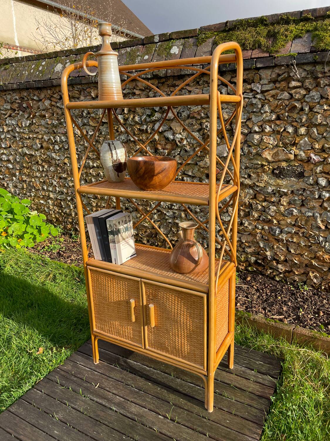 Honey-colored rattan shelf 🍯