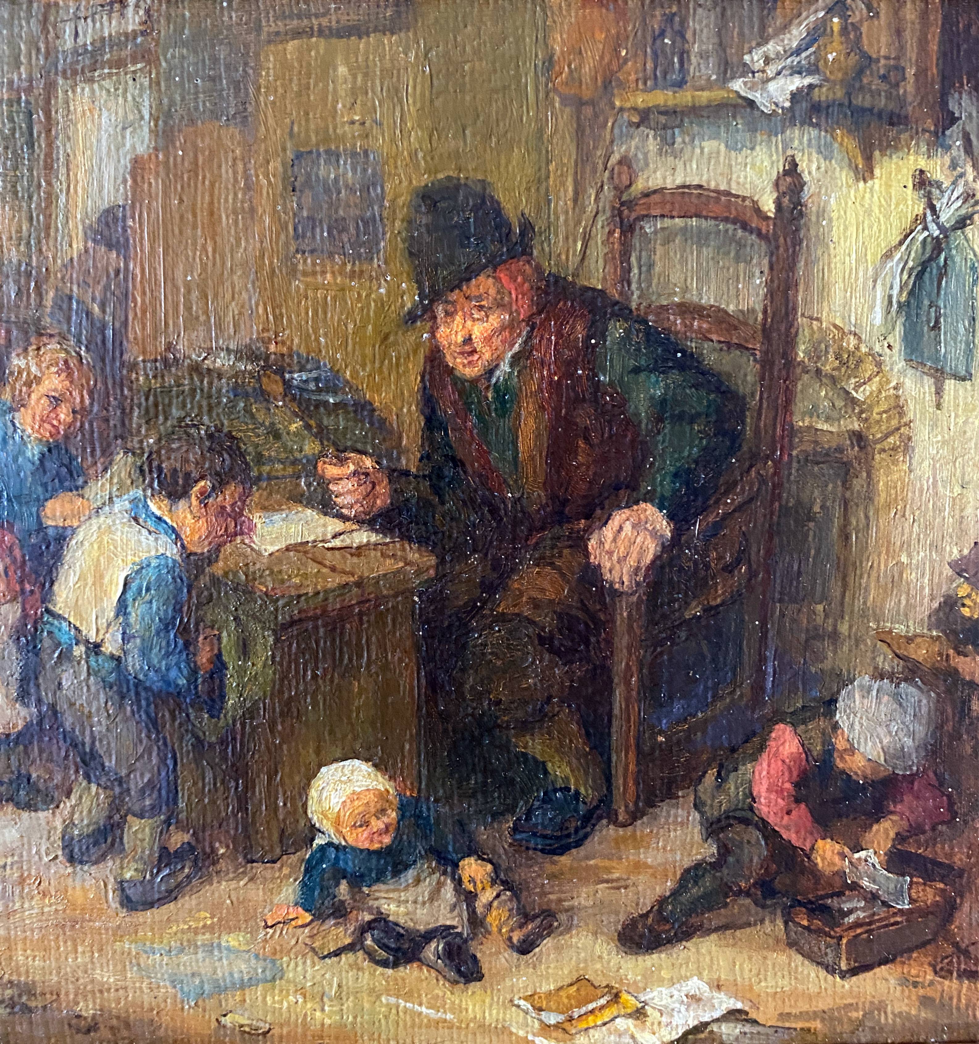 Painting "The schoolmaster" old copy of the Louvre of Mahudez cf. Van Ostade