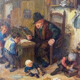 Painting "The schoolmaster" old copy of the Louvre of Mahudez cf. Van Ostade