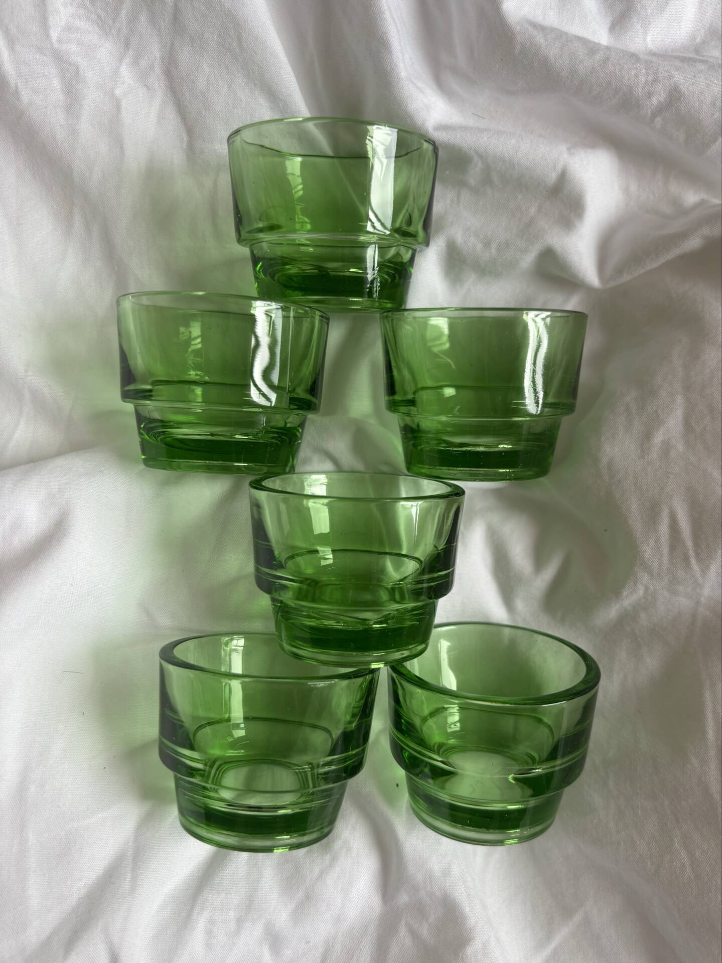 Lot of 6 vintage green glass egg cups from the 1970s.