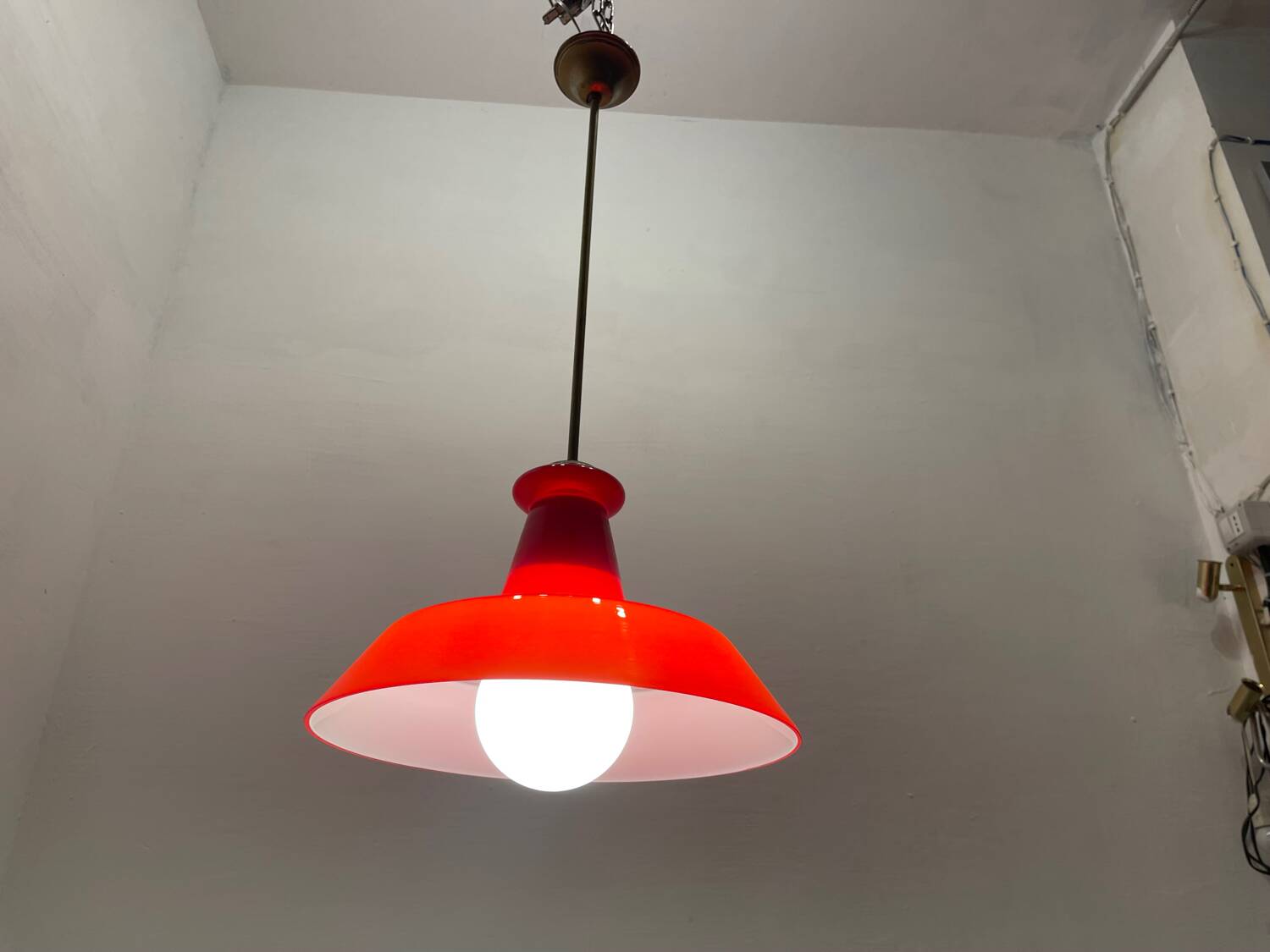 Industrial Vintage Red Glass Light Pendant 1950’s