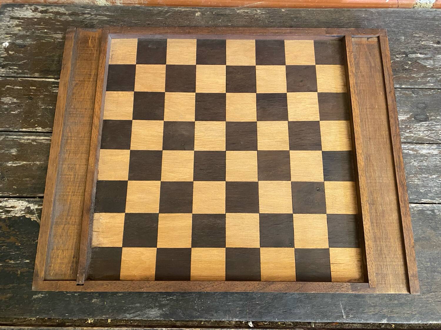 Double-Sided Wooden Checkers + Chess Game Board + Vintage Squares #D62