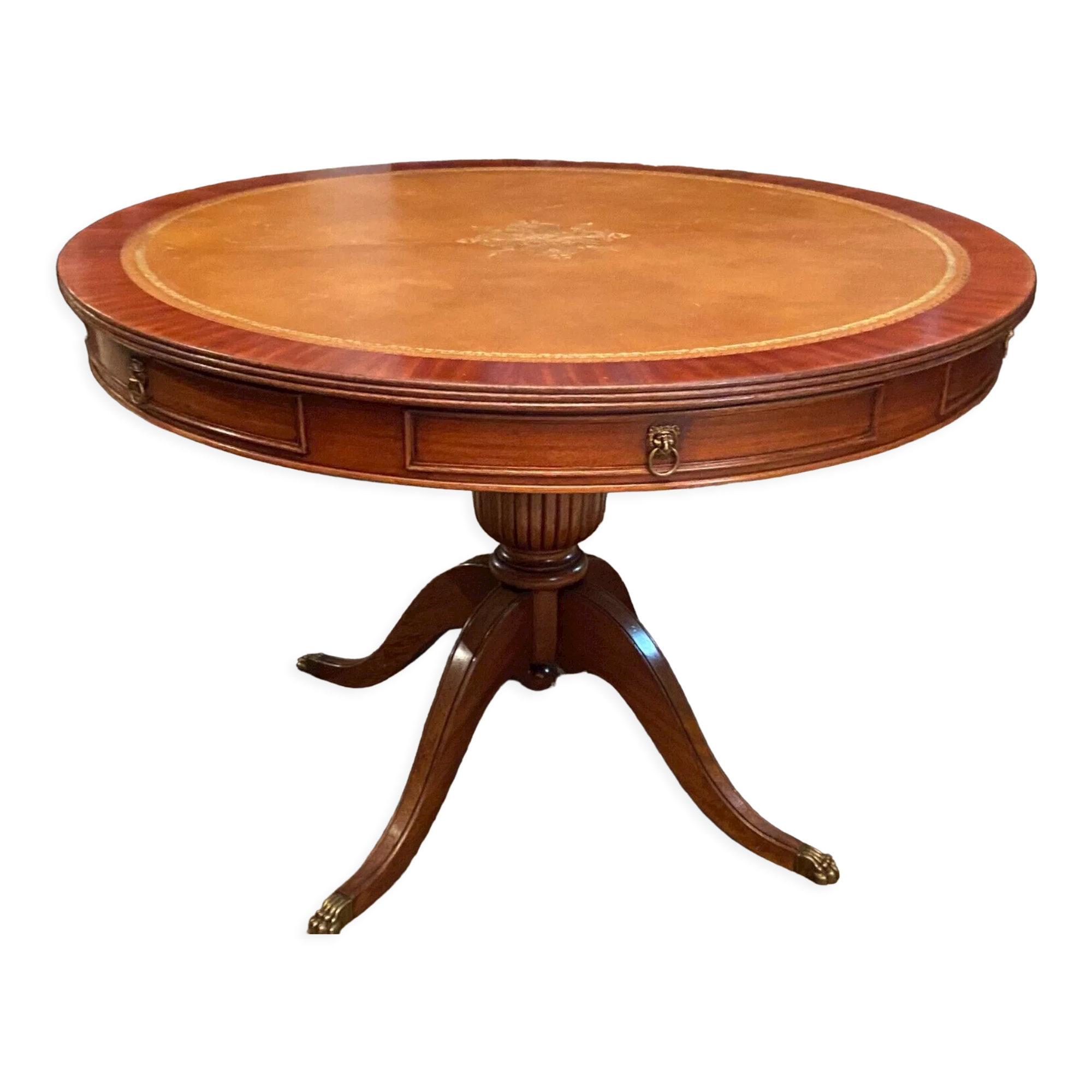 Circular table in light mahogany and leather base claw English style