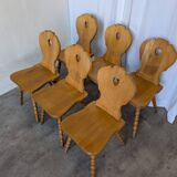Set of 6 Vintage Tyrolean Heart Cutout Wooden Dining Chairs, Farmhouse