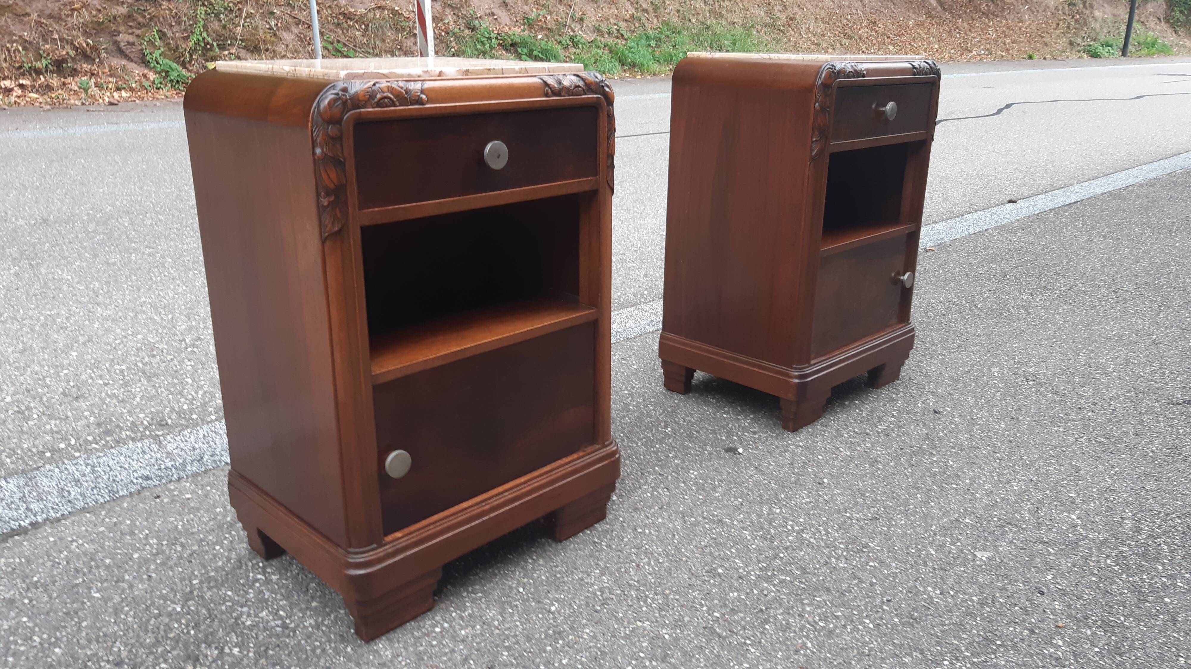 Art Deco bedside tables carved wood and marble 1930