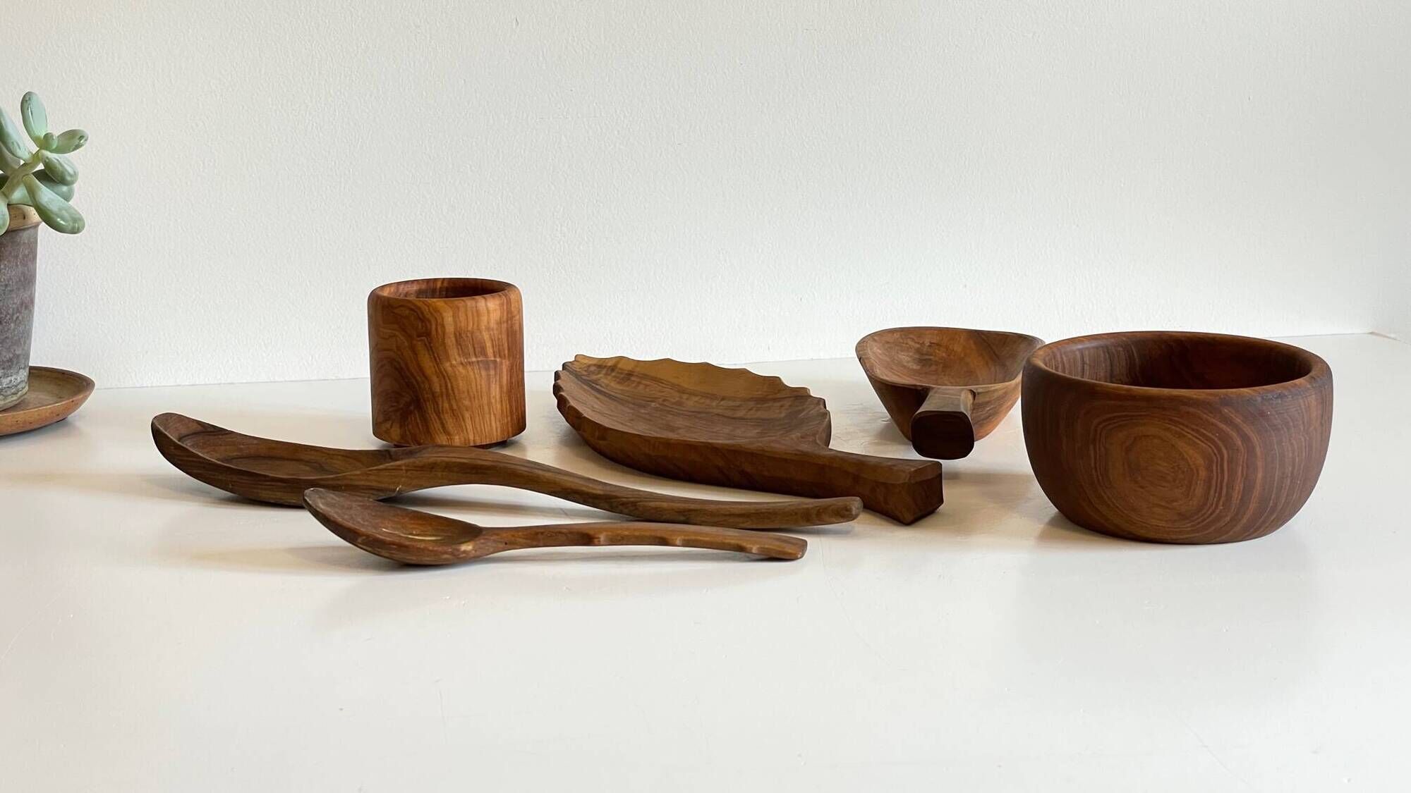 Set of vintage turned and carved wooden cups