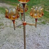 1970s design floor lamp in gold and orange chrome metal with 4 glass tulips
