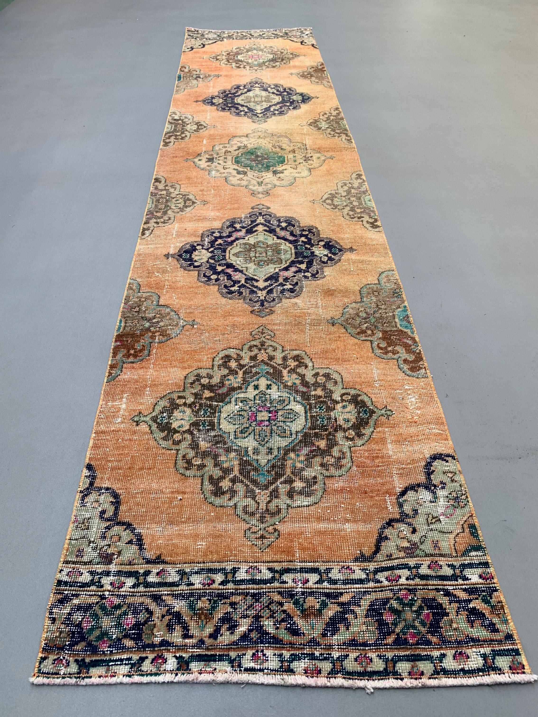 Distressed Turkish Runner 375x80 cm wool Vintage Tribal Rug