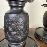 Japan Meiji period: Pair of patinated bronze candlesticks circa 1880