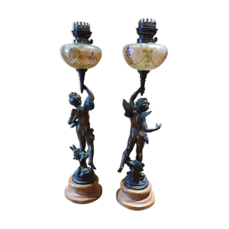 Pair of regulated kerosene lamps and marble