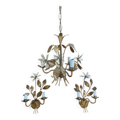 Lustre ancien et 2 appliques masca hollywood regency métal doré 70’s it