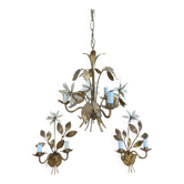 Vintage Lustre + 2 MASCA Wall Lights Hollywood Regency Gold Metal 70s It