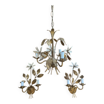 Vintage Lustre + 2 MASCA Wall Lights Hollywood Regency Gold Metal 70s It