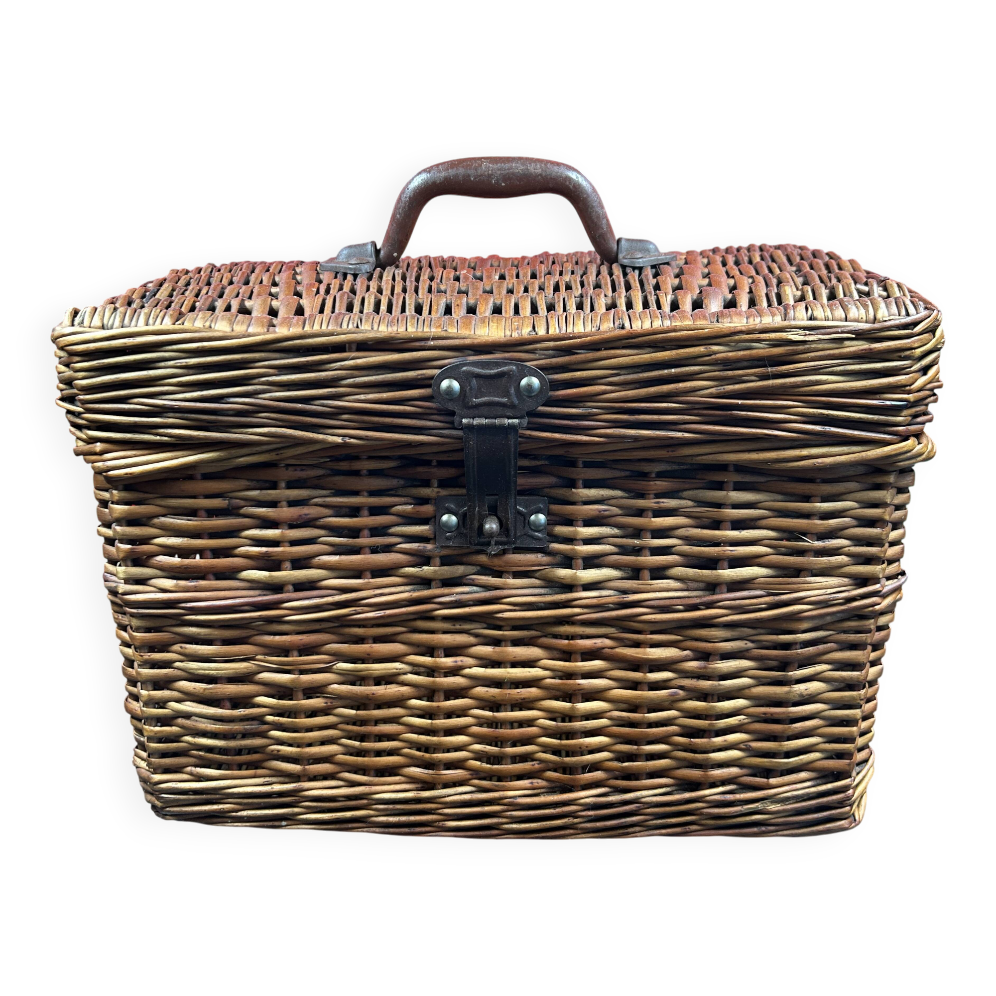 Rare antique wicker picnic basket with iron closures and handle