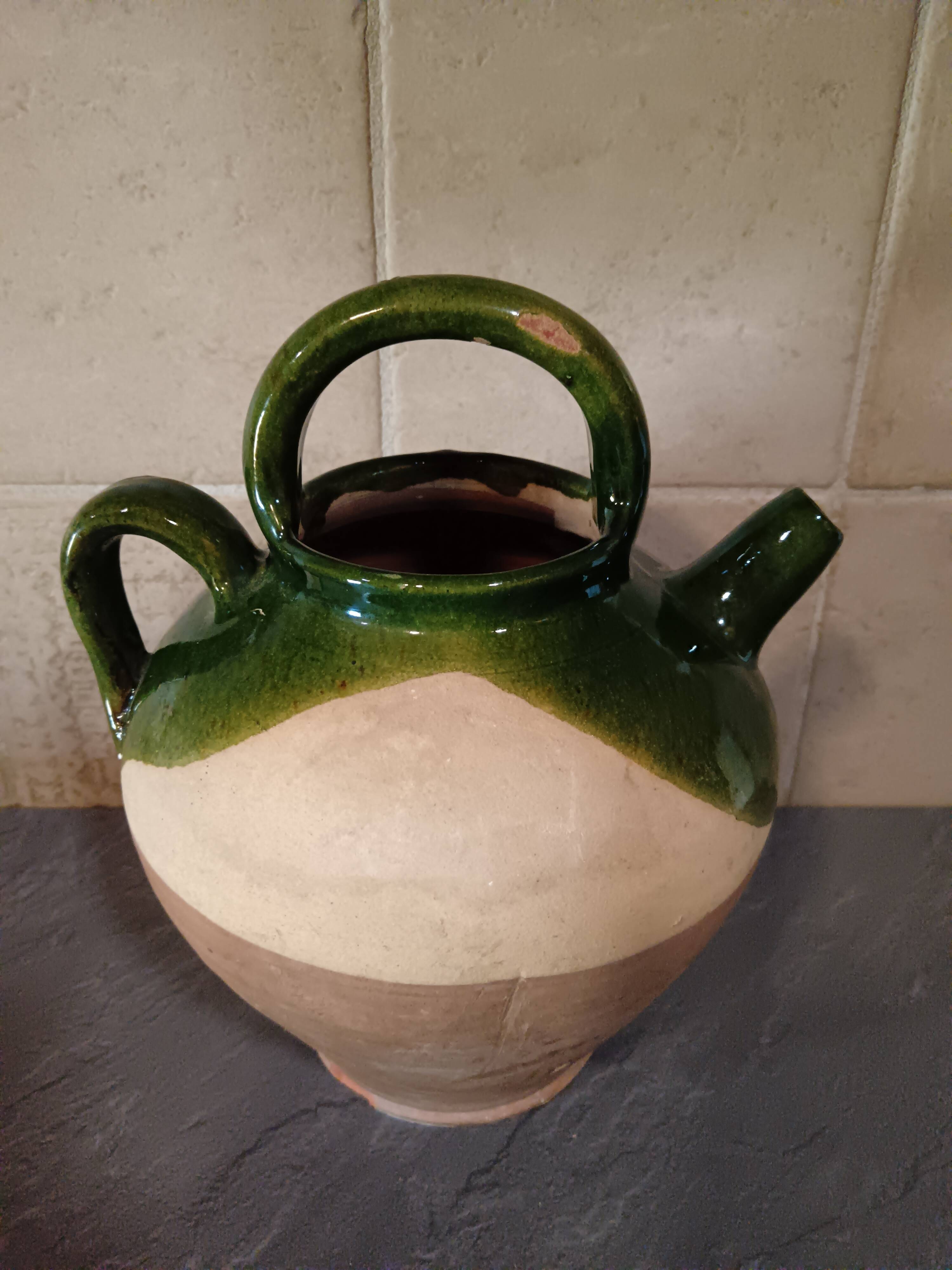 Cruche ancienne terre cuite émaillée verte XIXème siècle