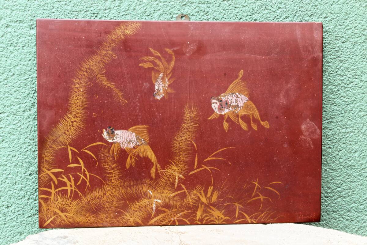Pair of lacquered wooden panels, fish, Vietnam, Tran Van Ha (1911-1974)