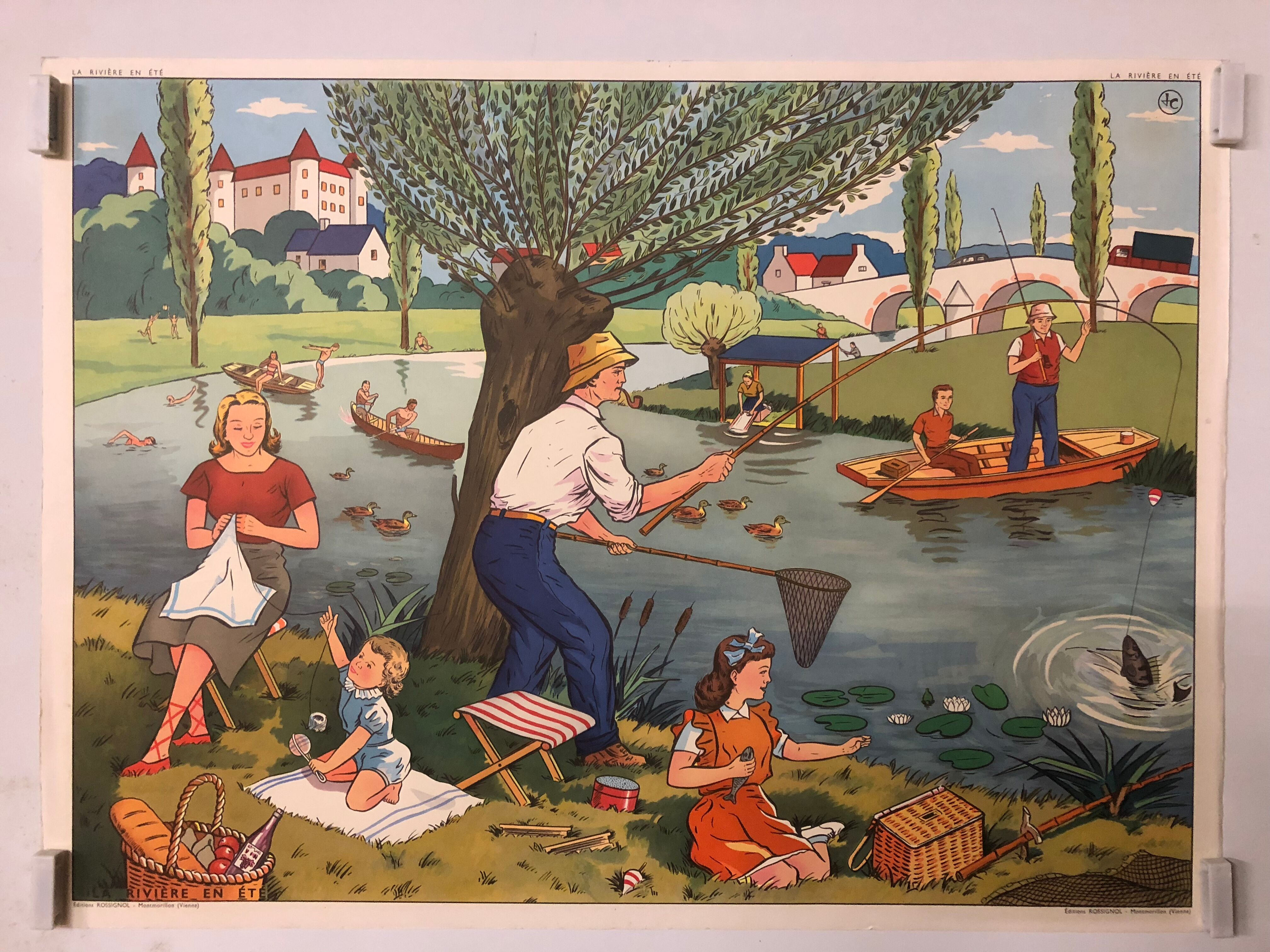 Affiche d’école vintage la moisson et la rivière en été