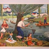 Displays school vintage harvest and the river in summer