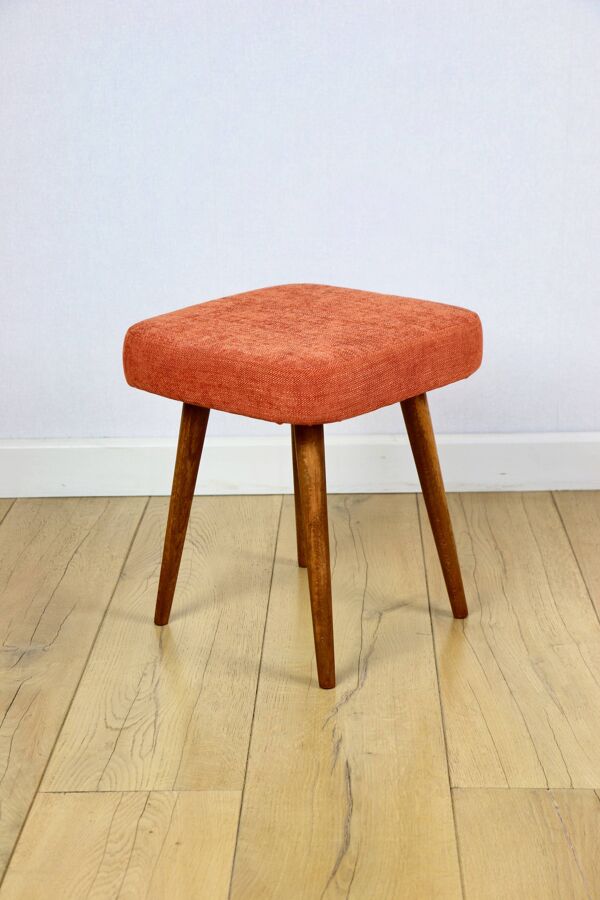 Tabouret vintage carré en terracotta orange PRL des années 1970