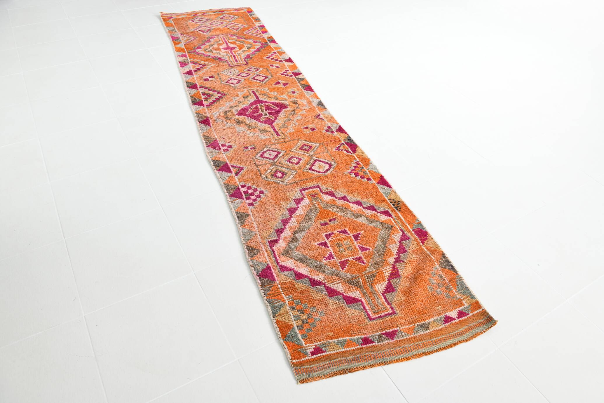 3x11 Pumpkin Orange Vintage Runner Rug, Wool Runner Rug, 77x326Cm