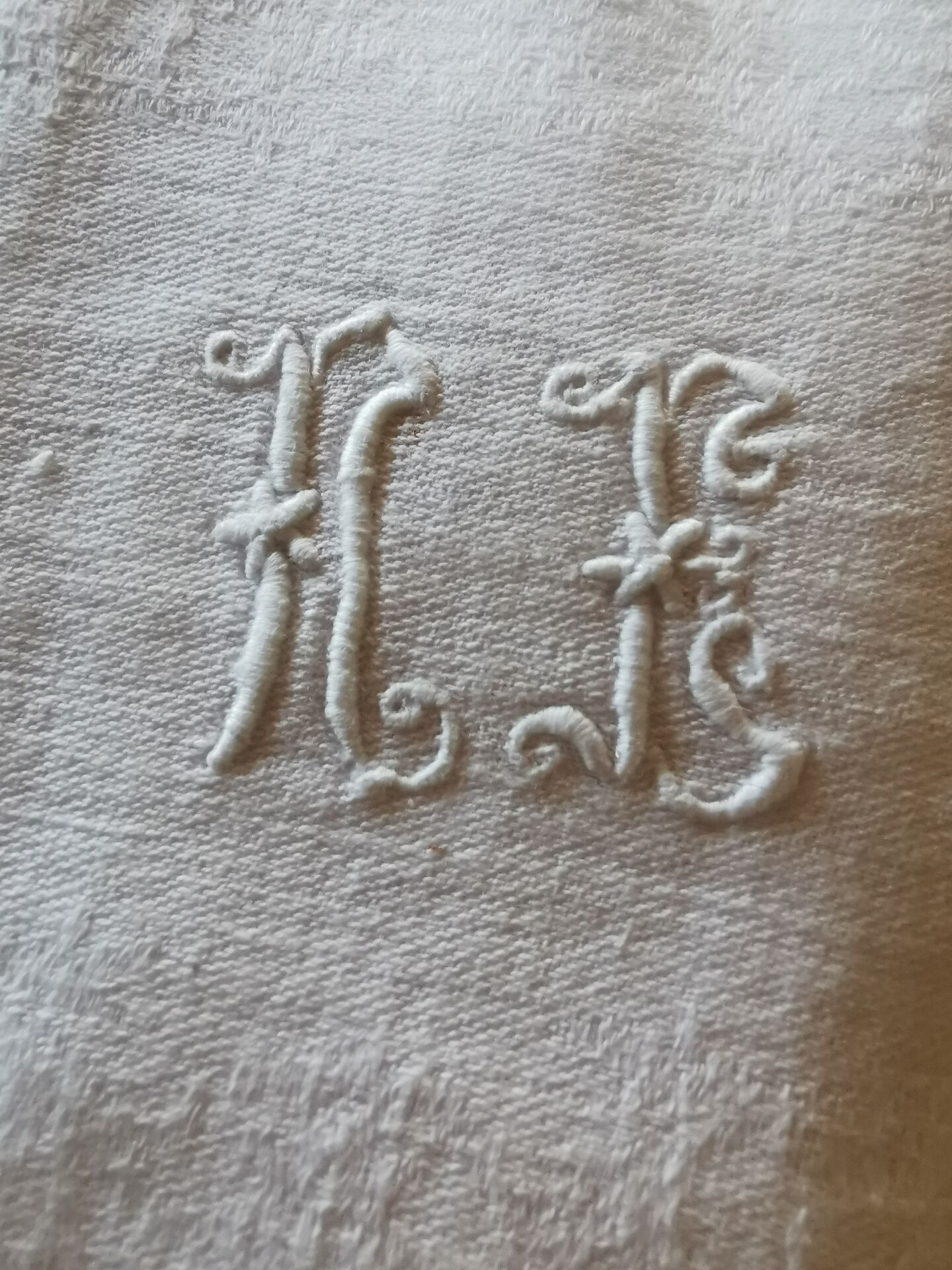 12 old damask linen napkins with monogram, 60x74 cm