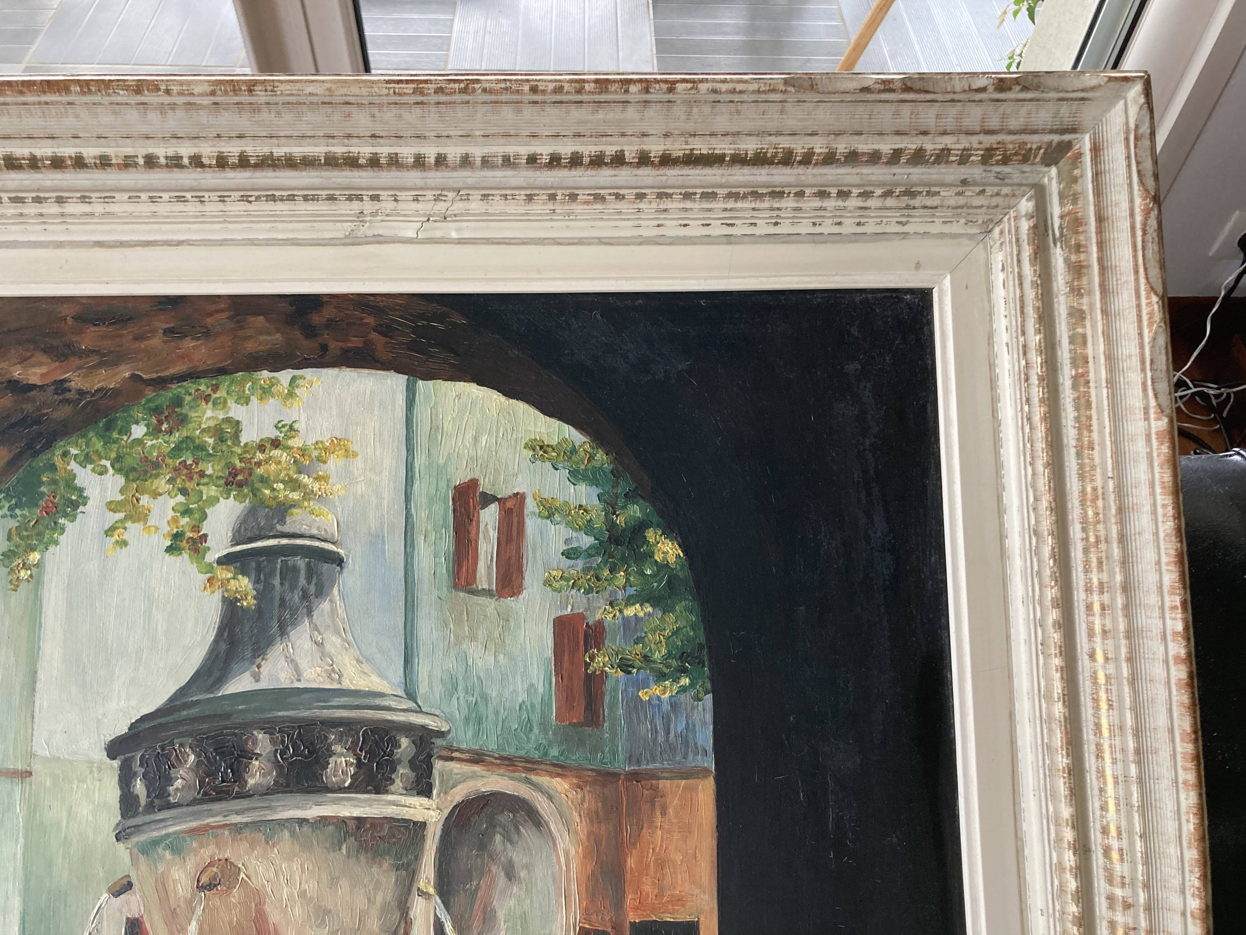 Framed oil fountain painting
