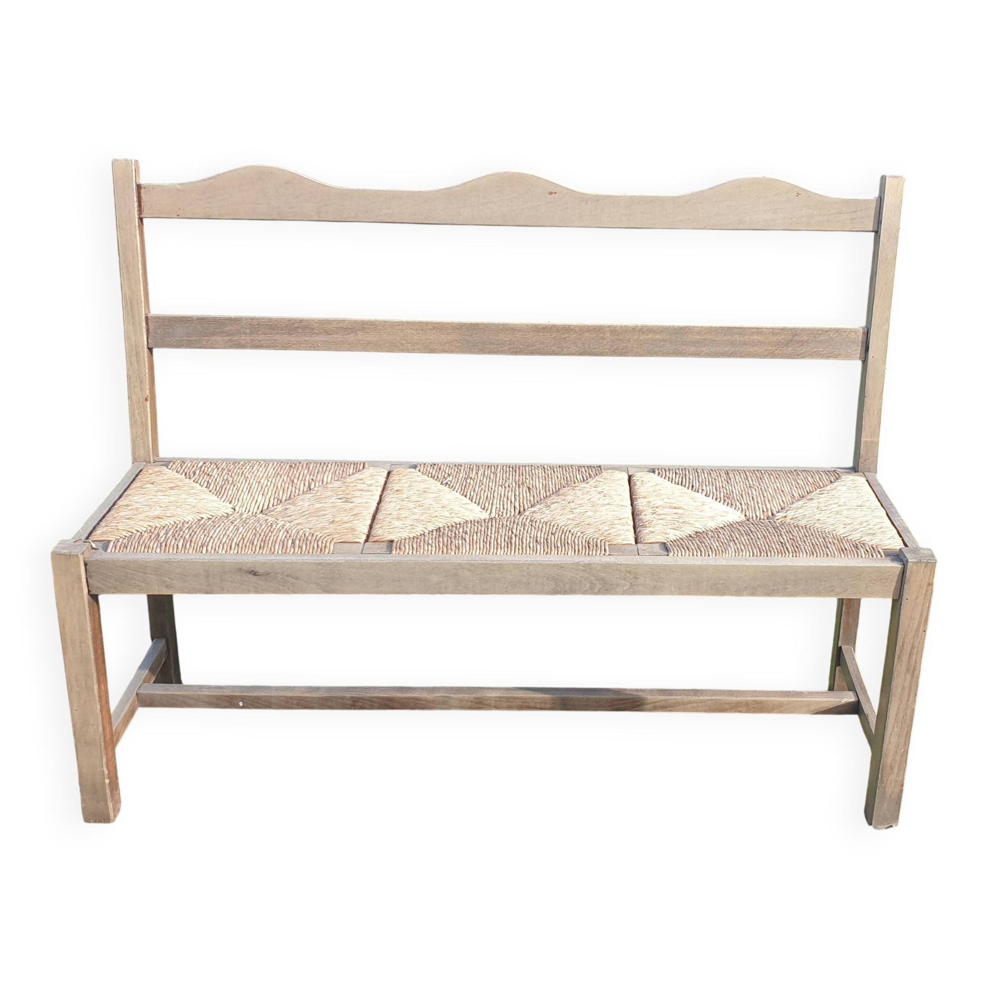 Wooden bench with vintage straw seating