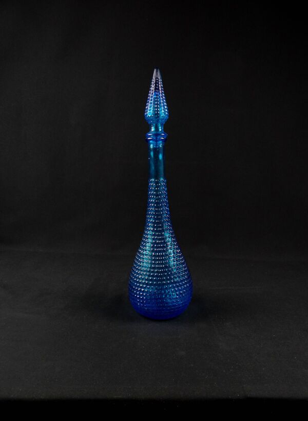 Carafe génie bouteille empoli en verre moulé pressé bleu vintage années 70