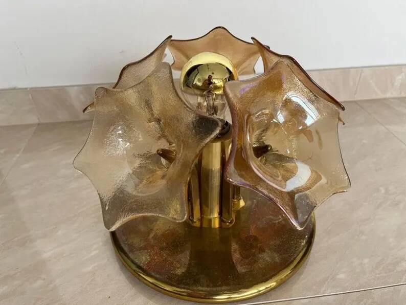 MidCentury Sputnik Flower Ceiling Flush Mount, Amber Murano Glass, Sische, 1960s