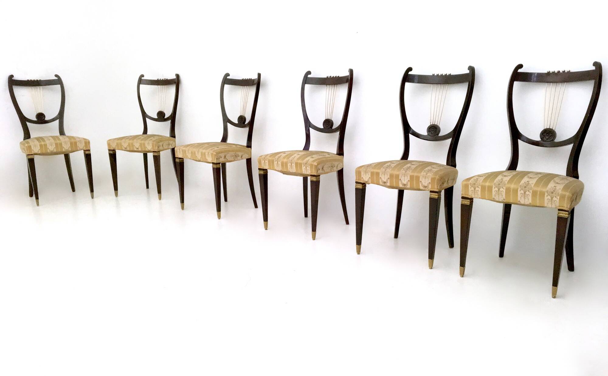Set of Six Vintage Beech and Brass Dining Chairs with Goldenrod Fabric