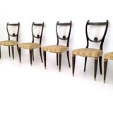 Set of Six Vintage Beech and Brass Dining Chairs with Goldenrod Fabric