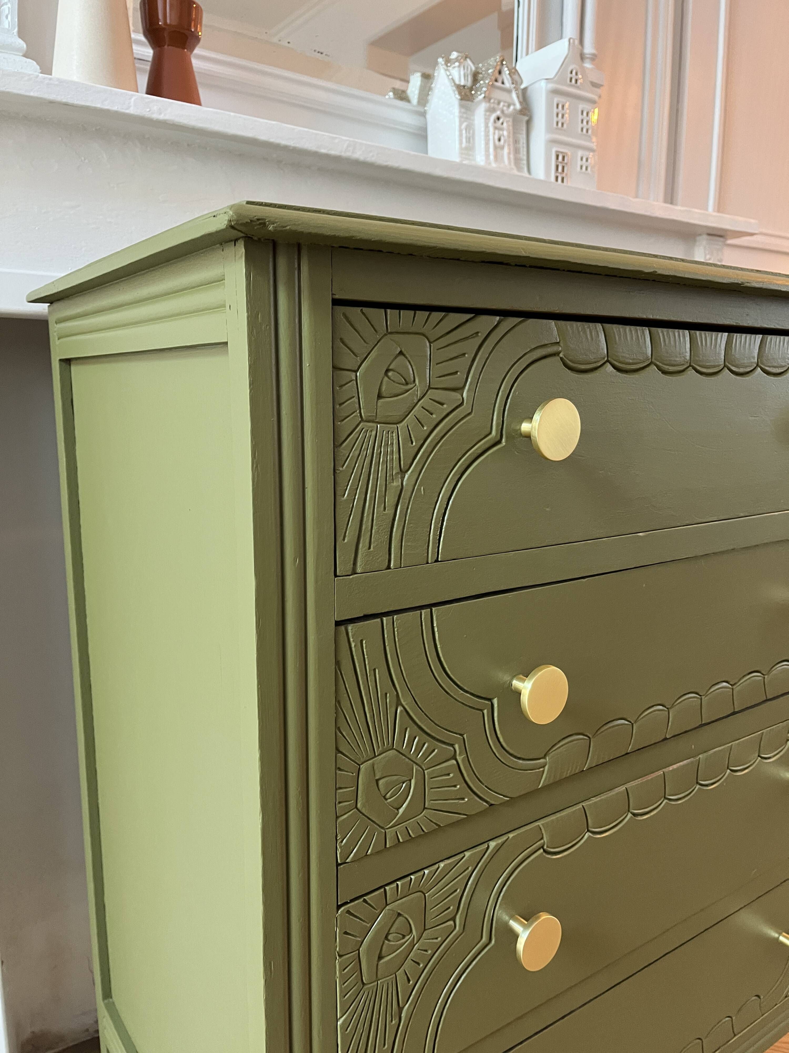 Art Deco chest of drawers - woody green - gold handles