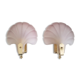 Pair of sconces shell pressed glass sand and golden steel 1970