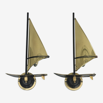 Pair of vintage sconces Sailboats in brass marine décor