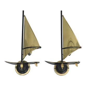 Pair of vintage sconces Sailboats in brass marine décor