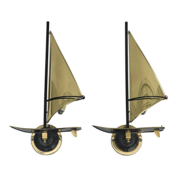 Pair of vintage sconces Sailboats in brass marine décor