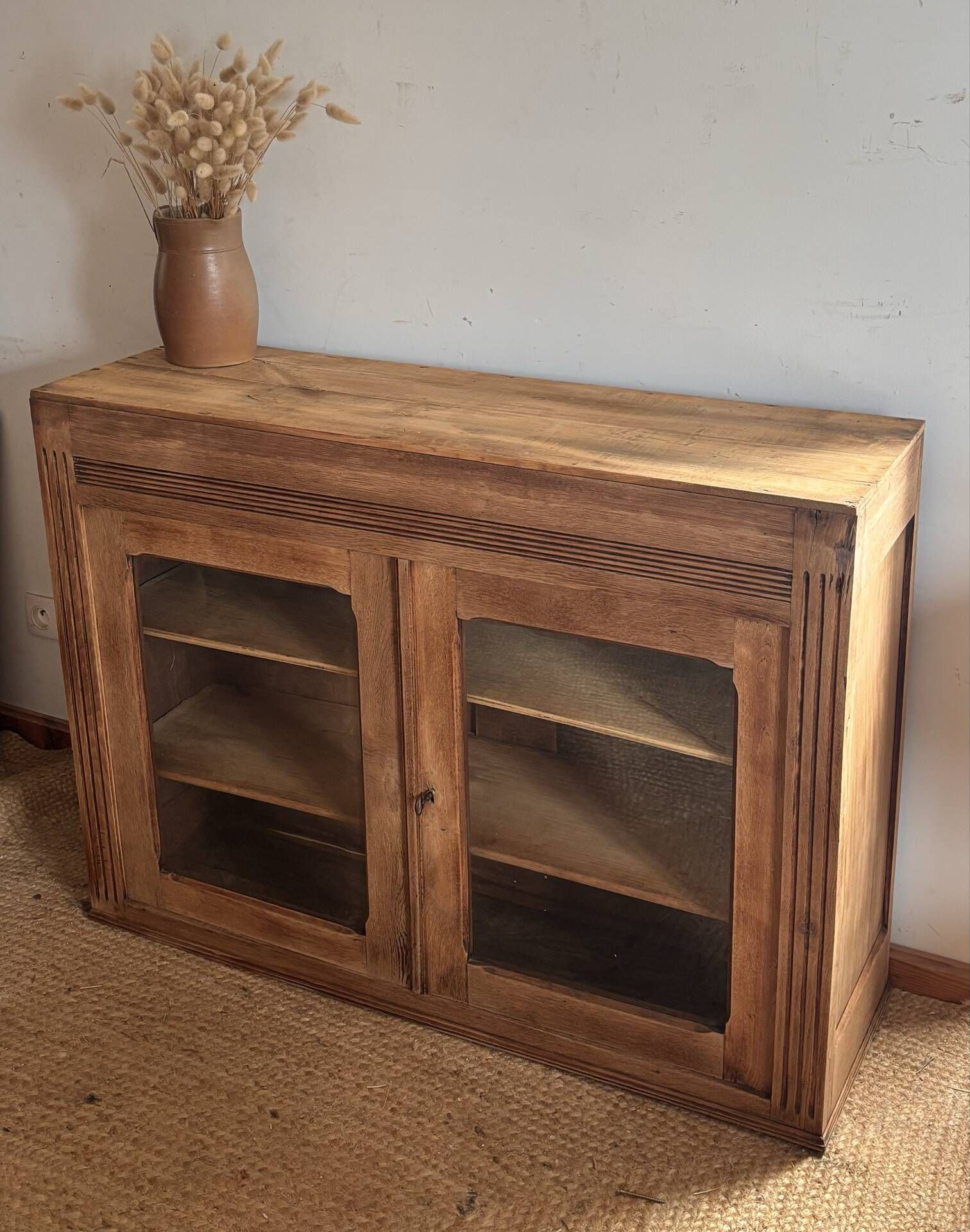 Narrow antique solid wood buffet - glass doors