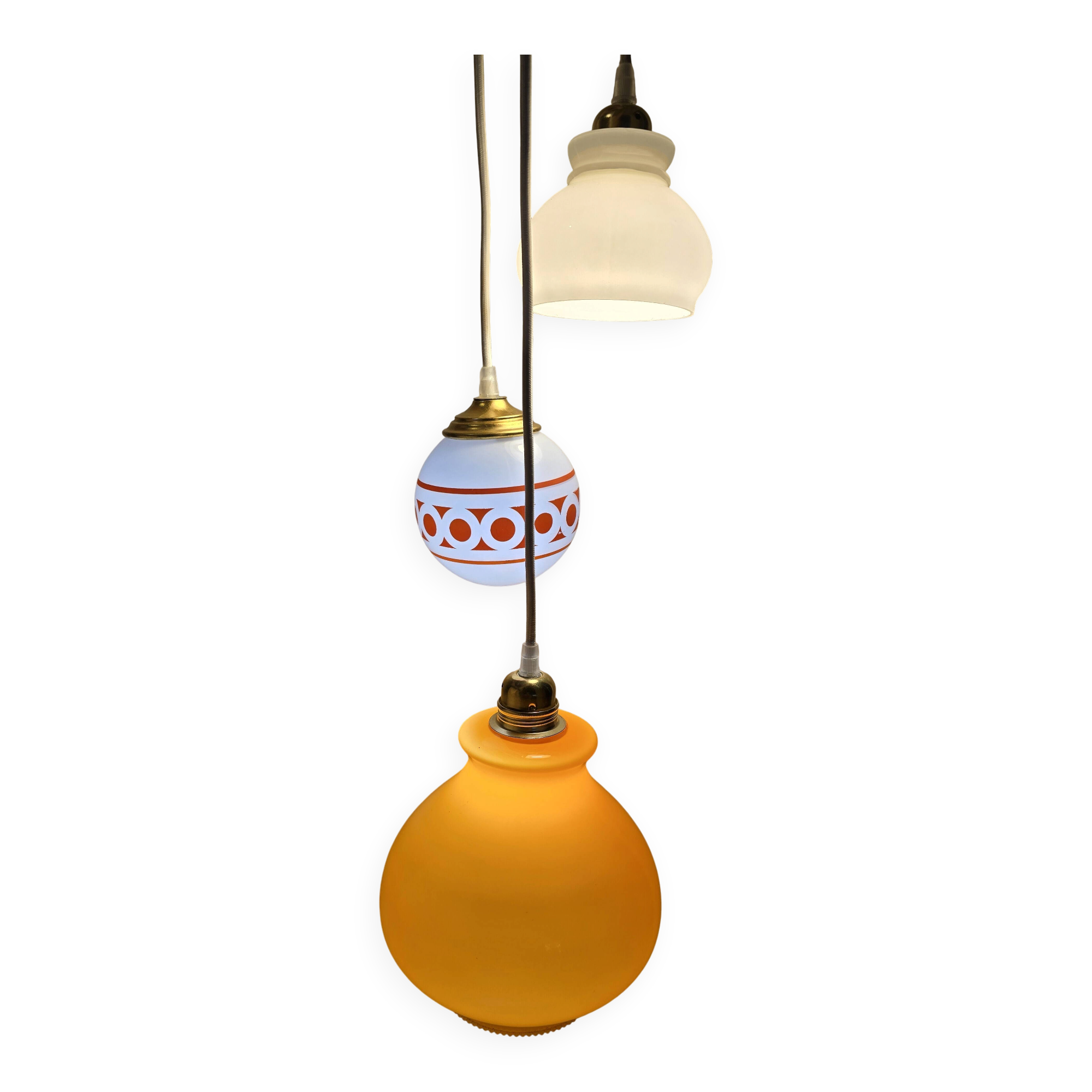 Suspension 3 globes vintage opaline orange et blanc