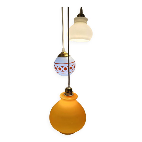Suspension 3 globes vintage opaline orange et blanc