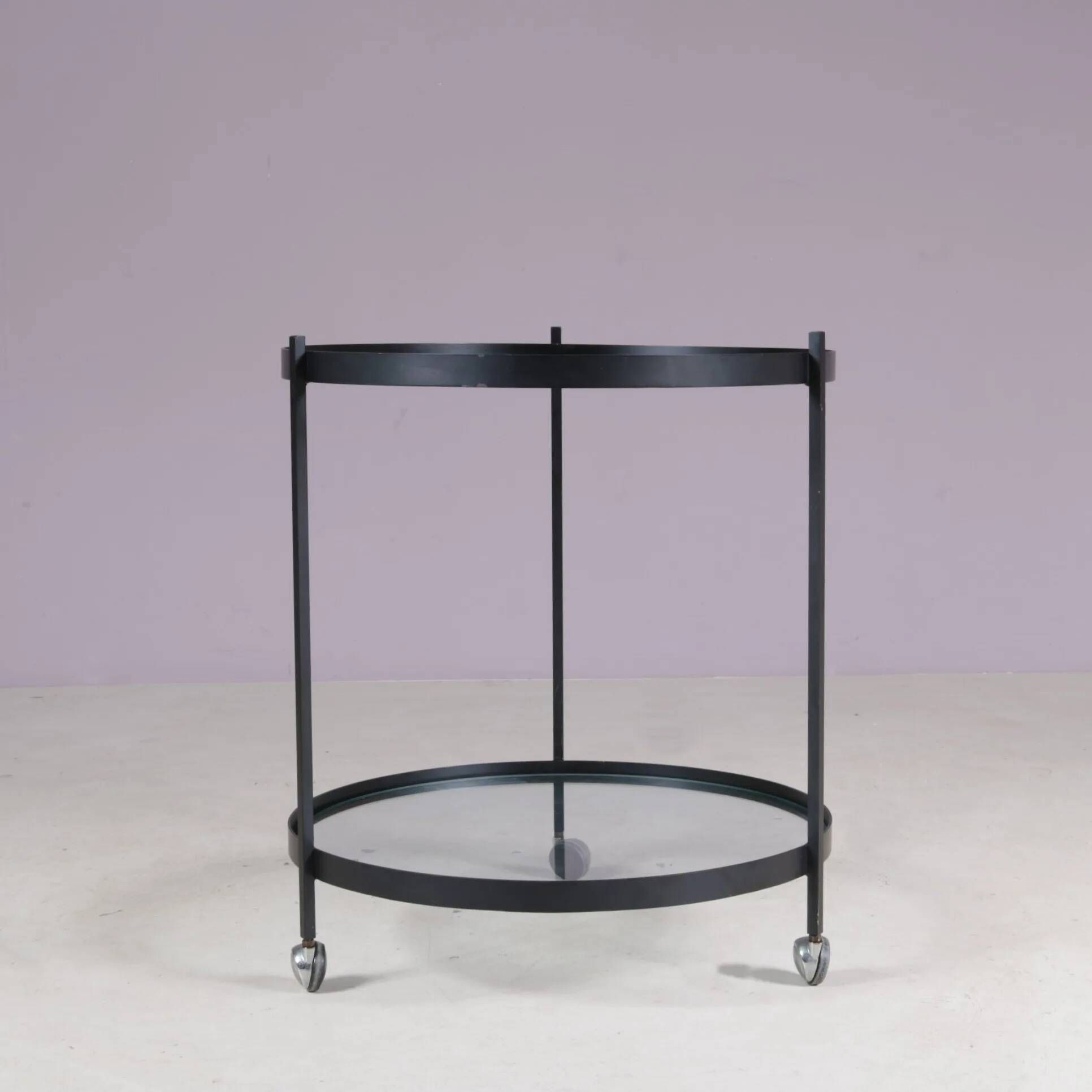 1960s round trolley black metal with two glass tops Janni van Pelt Netherlands
