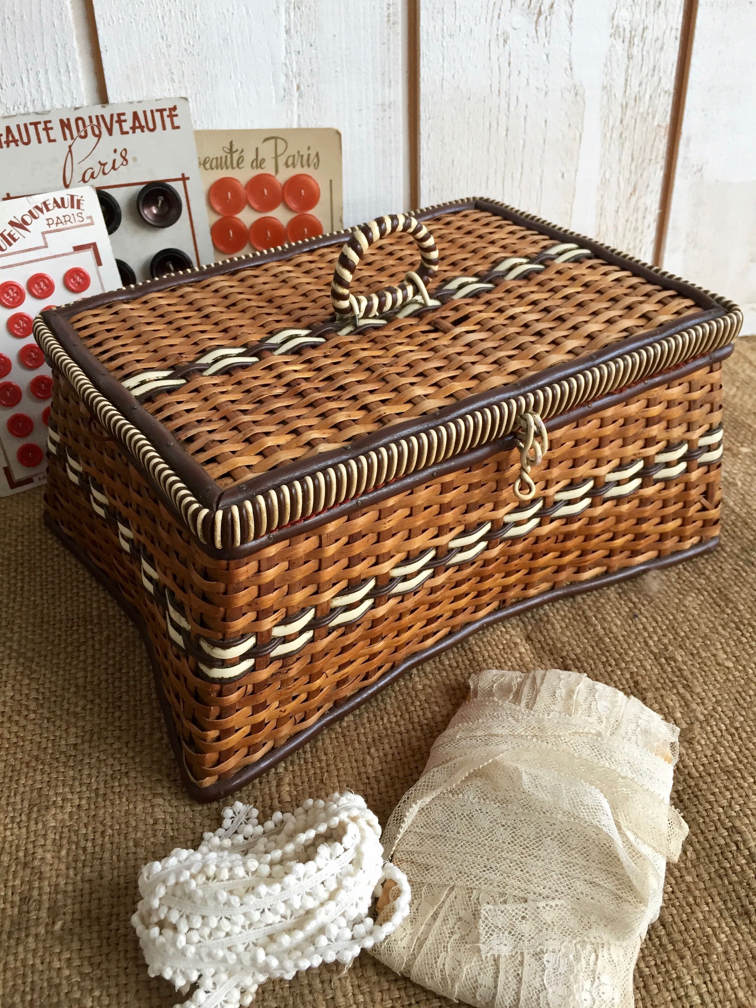Rattan and scoubidou sewing basket