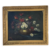 Old oil painting – Bouquet of flowers (daisies, asters,