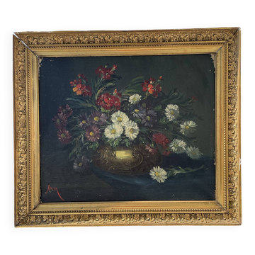 Peinture à l’huile ancienne – Bouquet de fleurs (marguerites, asters,