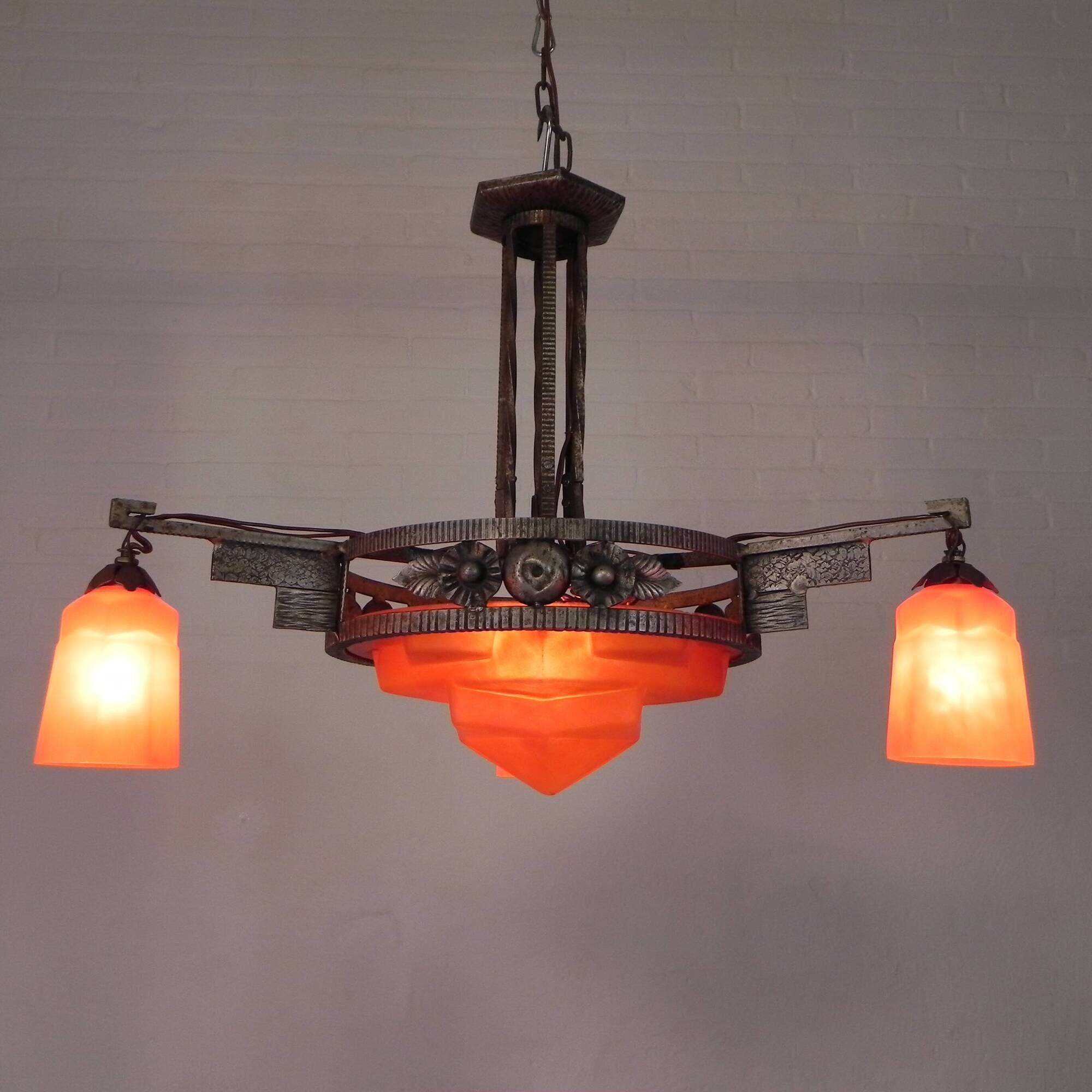 Art Deco pendant lamp with glass bowl and 3 chalices, 1930s