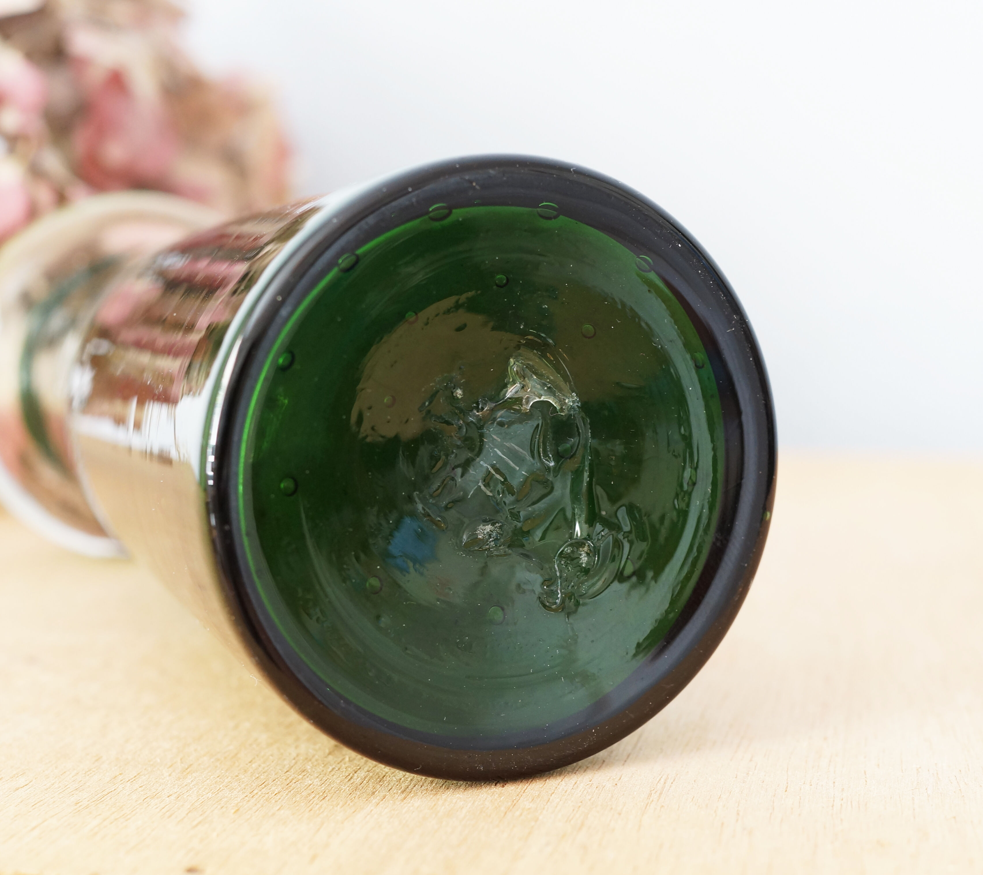Green glass vase, bubbled blown glass, vintage