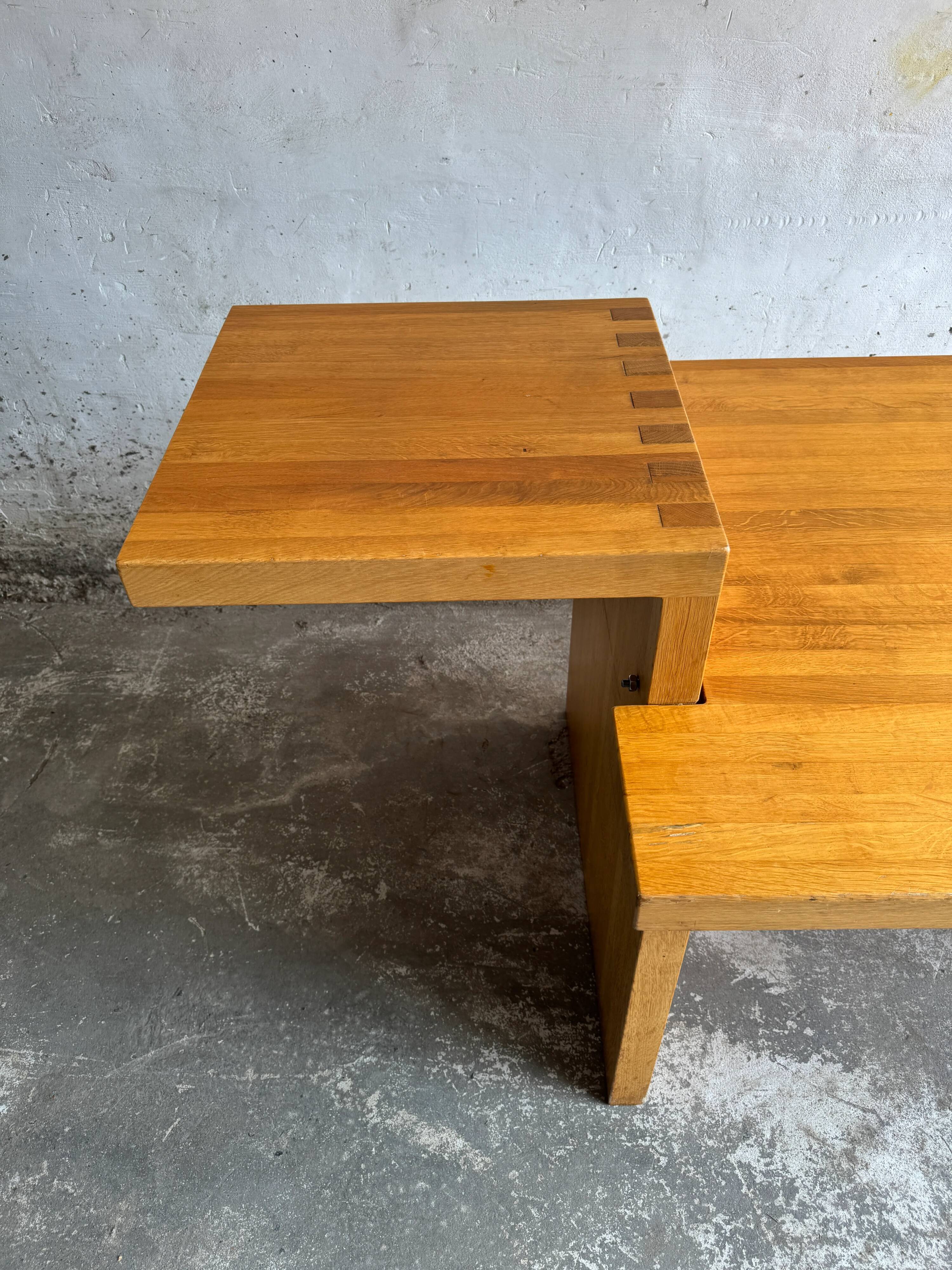 Geometric Brutalist Dining Table — Natural Wood Top with Metal Support, 1980s Architectural Design