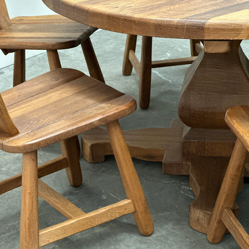 Rare majestic Depuydt brutalist oak dining set/chairs/table– Belgium, 1970s