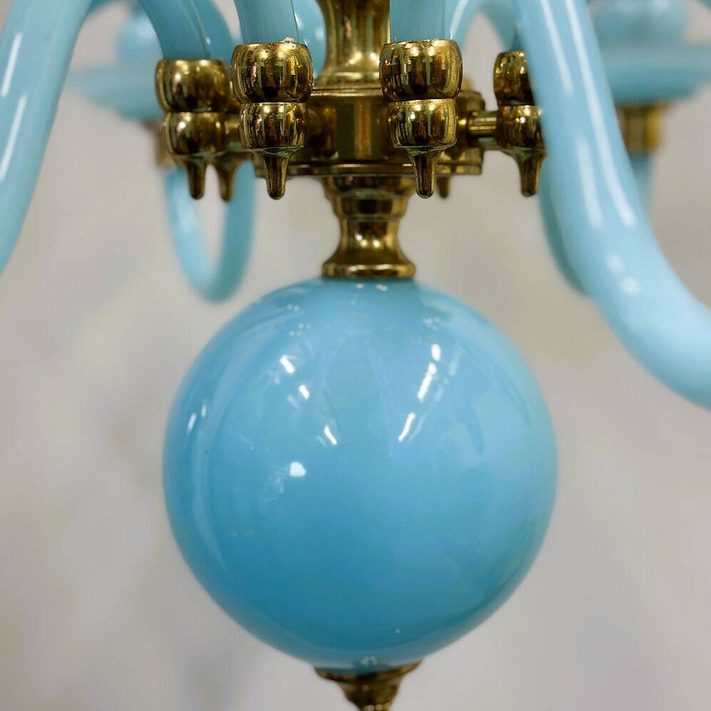 Statement French blue opaline glass chandelier with brass accents, 1960s
