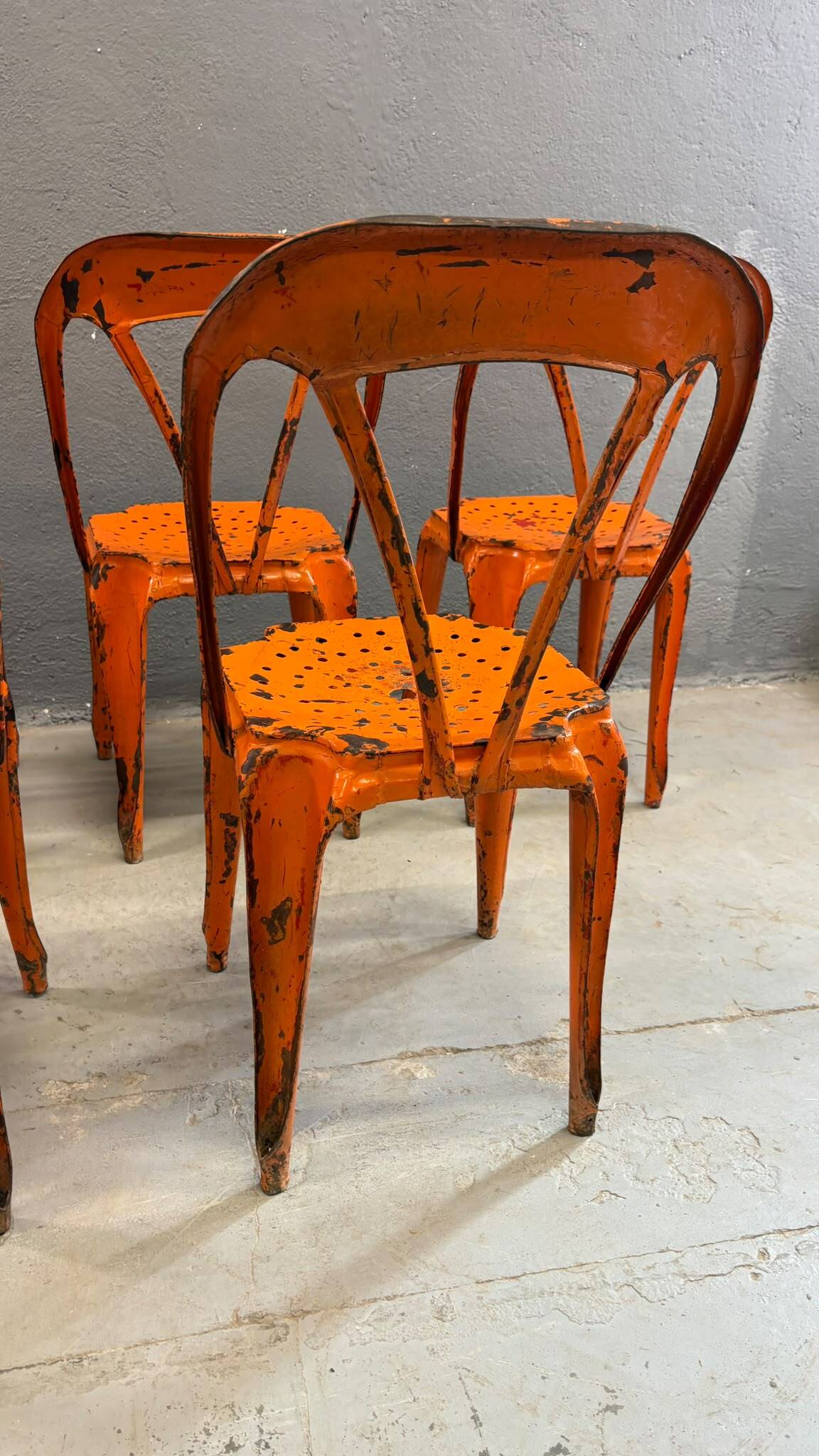 Set of 6 industrial metal dining chairs by Joseph Mathieu, painted steel, 1920s, France