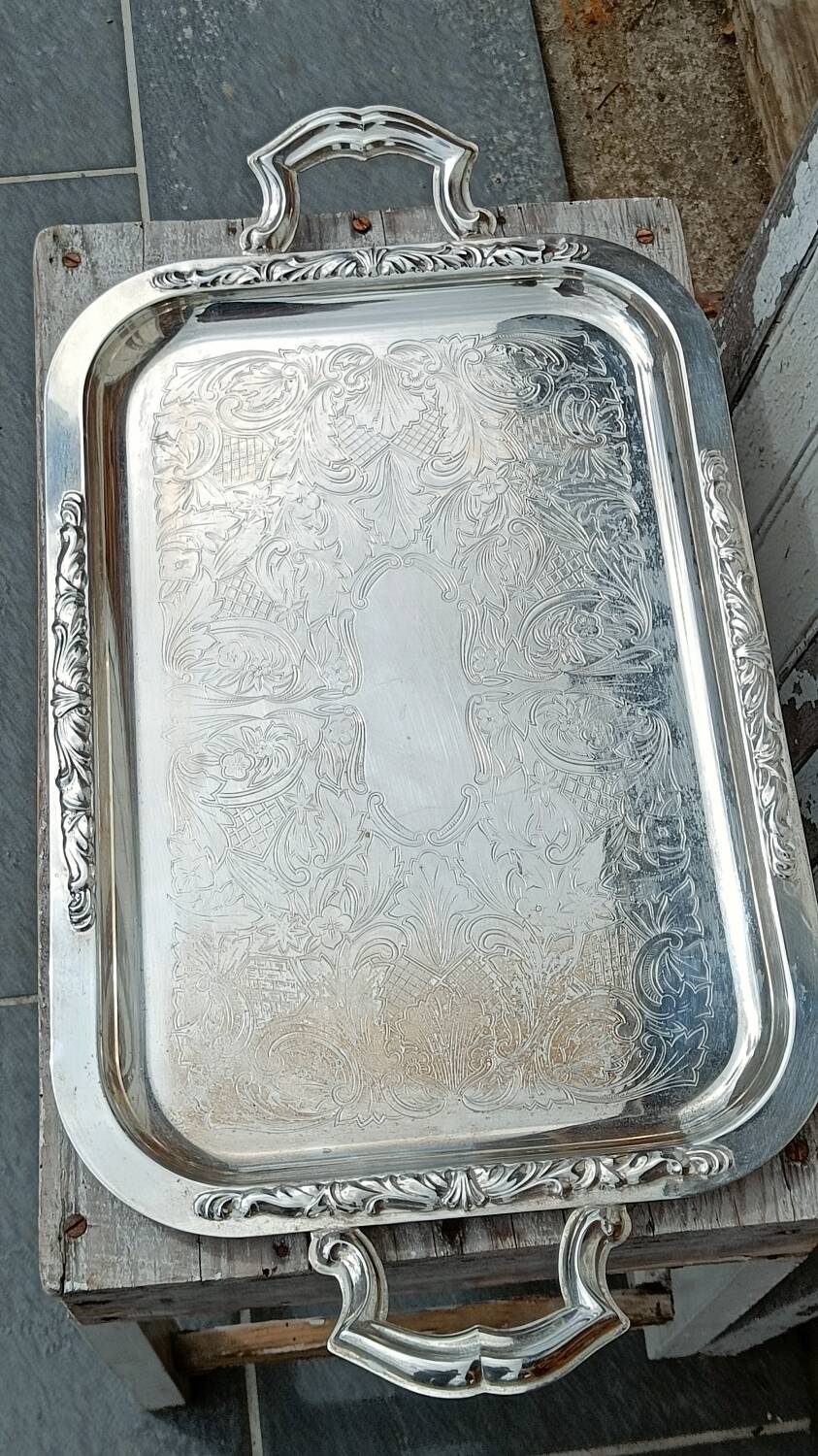Silver metal serving tray